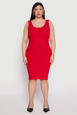 Womens Plus Size Ribbed Knit Midi Tank Dress, Red, Size 3X