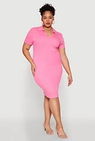 Womens Plus Size Johnny Collar Polo Dress, Pink, Size 3X