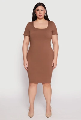 Womens Plus Size Square Neck T Shirt Dress, Brown, Size 2X