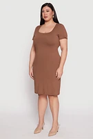 Womens Plus Size Square Neck T Shirt Dress, Brown, Size 2X