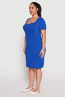 Womens Plus Size Square Neck T Shirt Dress, Blue, Size 2X