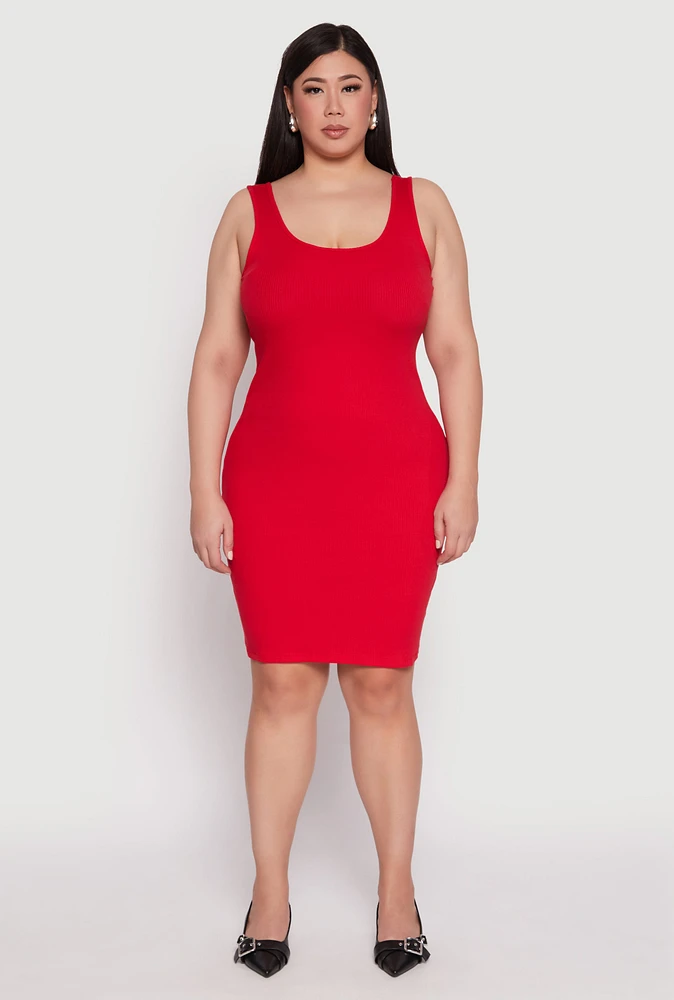 Womens Plus Size Rib Knit Scoop Neck Tank Dress, Red, Size 1X