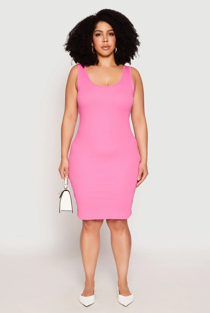 Womens Plus Rib Knit Scoop Neck Tank Dress, Pink,