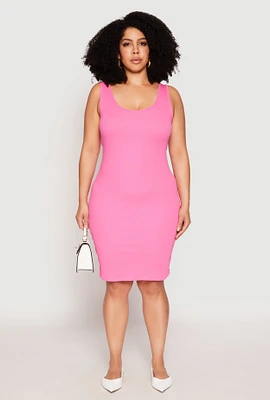 Womens Plus Rib Knit Scoop Neck Tank Dress, Pink,