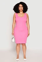 Womens Plus Size Rib Knit Scoop Neck Tank Dress, Pink, Size 3X