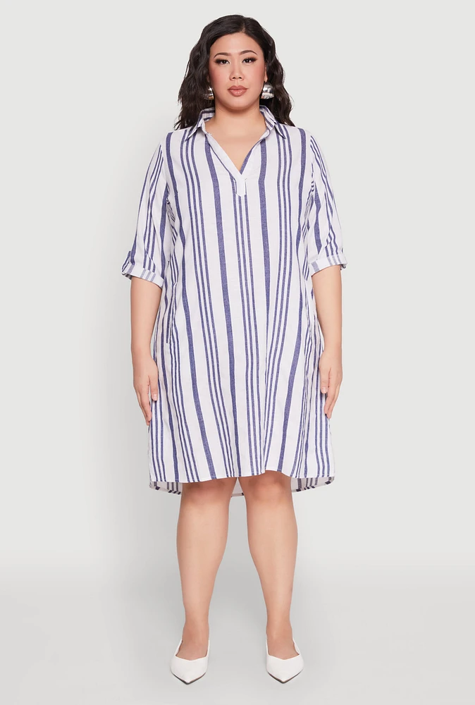 Womens Plus Size Johnny Collar Striped Dress, Blue, Size 3X