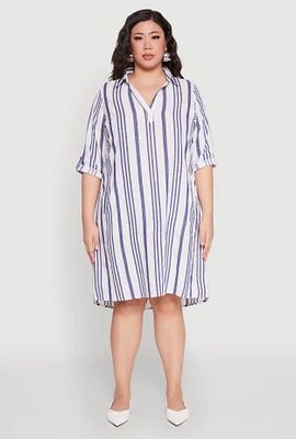 Womens Plus Size Johnny Collar Striped Dress, Blue, Size 3X