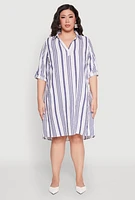 Womens Plus Size Johnny Collar Striped Dress, Blue, Size 3X