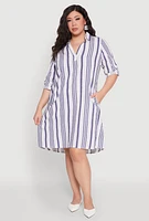 Womens Plus Size Johnny Collar Striped Dress, Blue, Size 3X