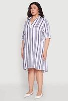 Womens Plus Size Johnny Collar Striped Dress, Blue, Size 3X