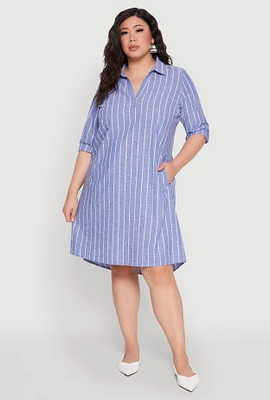 Womens Plus Size Johnny Collar Striped Shirt Dress, Blue, Size 2X