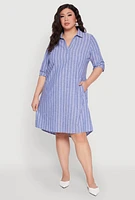 Womens Plus Size Johnny Collar Striped Shirt Dress, Blue, Size 2X