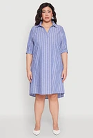 Womens Plus Size Johnny Collar Striped Shirt Dress, Blue, Size 2X