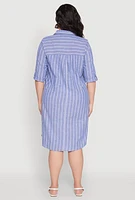 Womens Plus Size Johnny Collar Striped Shirt Dress, Blue, Size 2X