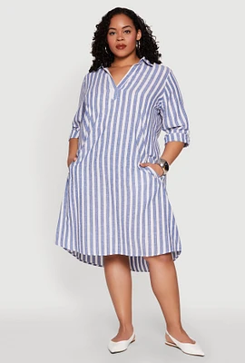 Womens Plus Size Lurex Striped Detail Shirt Dress, Blue, Size 3X