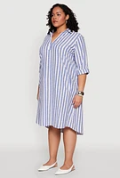 Womens Plus Size Lurex Striped Detail Shirt Dress, Blue, Size 3X