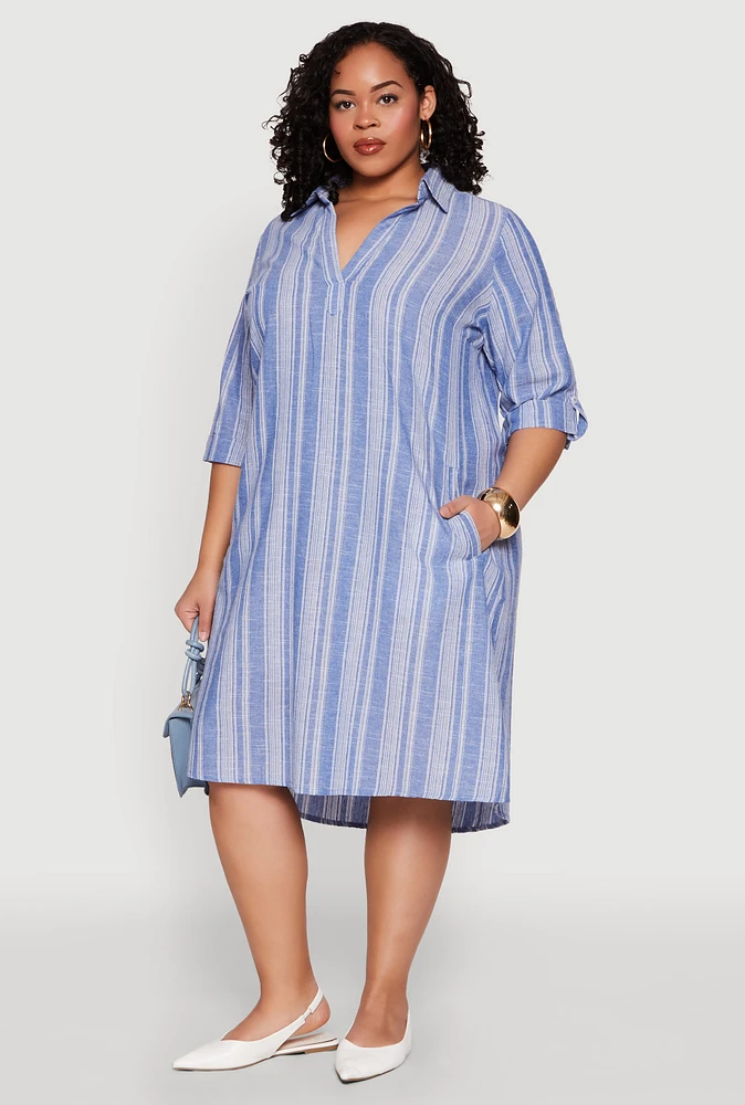 Womens Plus Size Linen Quarter Sleeve Shift Dress, Blue, Size 2X