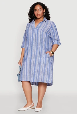 Womens Plus Size Linen Quarter Sleeve Shift Dress, Blue, Size 2X