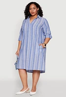 Womens Plus Size Linen Quarter Sleeve Shift Dress, Blue, Size 2X