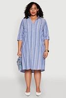 Womens Plus Size Linen Quarter Sleeve Shift Dress, Blue, Size 2X