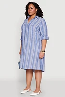 Womens Plus Size Linen Quarter Sleeve Shift Dress, Blue, Size 2X