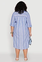 Womens Plus Size Linen Quarter Sleeve Shift Dress, Blue, Size 2X