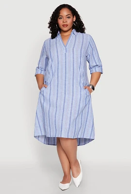 Womens Plus Size Lurex Stripe Quarter Sleeve Shift Dress, Blue, Size 2X