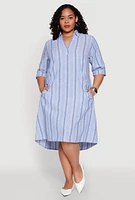Womens Plus Size Lurex Stripe Quarter Sleeve Shift Dress, Blue, Size 3X
