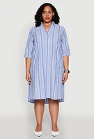 Womens Plus Size Lurex Stripe Quarter Sleeve Shift Dress, Blue, Size 2X