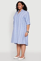 Womens Plus Size Lurex Stripe Quarter Sleeve Shift Dress, Blue, Size 2X