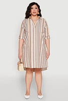 Womens Plus Size Tabbed Sleeve Striped Dress, Multi, Size 1X