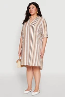 Womens Plus Size Tabbed Sleeve Striped Dress, Multi, Size 1X
