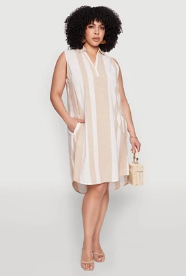 Womens Plus Size Striped Sleeveless Shift Dress, Beige, Size 2X