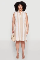 Womens Plus Size Striped Sleeveless Shift Dress, Beige, Size 2X