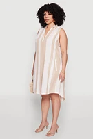 Womens Plus Size Striped Sleeveless Shift Dress, Beige, Size 2X