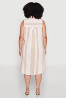Womens Plus Size Striped Sleeveless Shift Dress, Beige, Size 2X