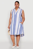 Womens Plus Size Sleeveless Striped Shift Dress, Blue, Size 1X