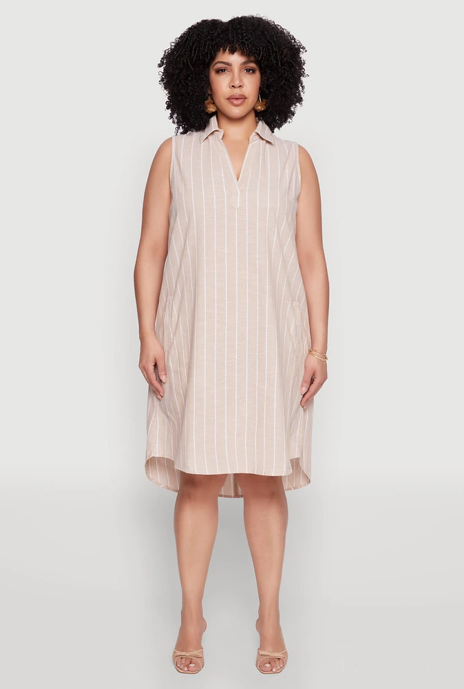 Womens Plus Size Linen Pinstripe Midi Dress, Beige, Size 2X