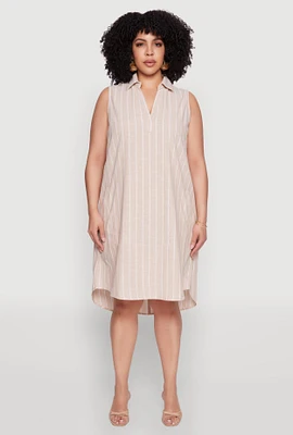 Womens Plus Size Linen Pinstripe Midi Dress, Beige, Size 2X