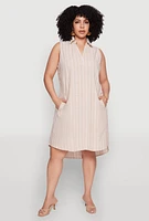 Womens Plus Size Linen Pinstripe Midi Dress, Beige, Size 2X