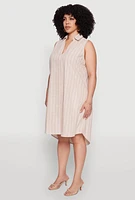 Womens Plus Size Linen Pinstripe Midi Dress, Beige, Size 2X