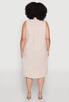 Womens Plus Size Linen Pinstripe Midi Dress, Beige, Size 3X