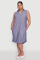 Womens Plus Size Marled Chambray Midi Dress, Blue, Size 3X