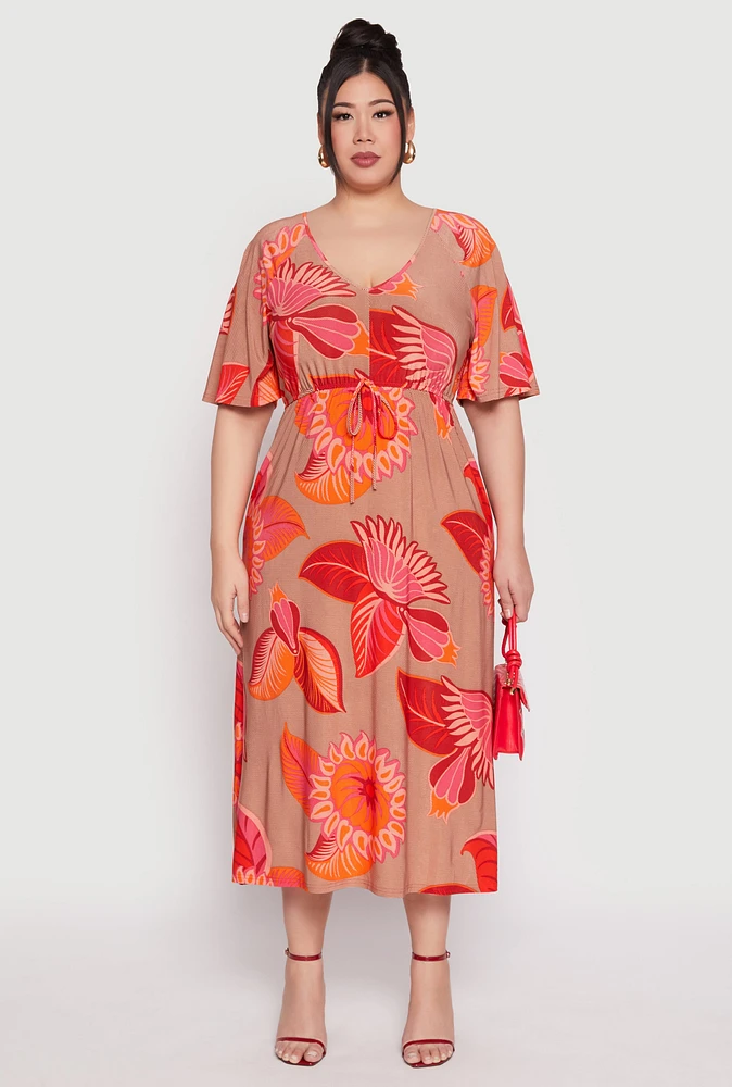 Womens Plus Size Floral Flutter Sleeve Midi Dress, Multi, Size 3X
