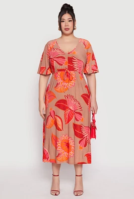 Womens Plus Size Floral Flutter Sleeve Midi Dress, Multi, Size 3X