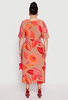 Womens Plus Size Floral Flutter Sleeve Midi Dress, Multi, Size 3X