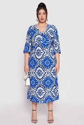 Womens Plus Size Floral Print Bubble Sleeve Midi Dress, Blue, Size 2X