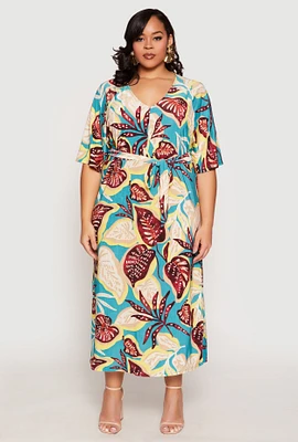 Womens Plus Size Floral Tie Waist Belt Dress, Multi, Size 1X