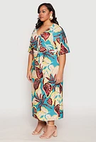 Womens Plus Size Floral Tie Waist Belt Dress, Multi, Size 2X