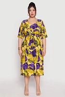 Womens Plus Size Floral Dolman Sleeve Midi Dress, Yellow, Size 2X